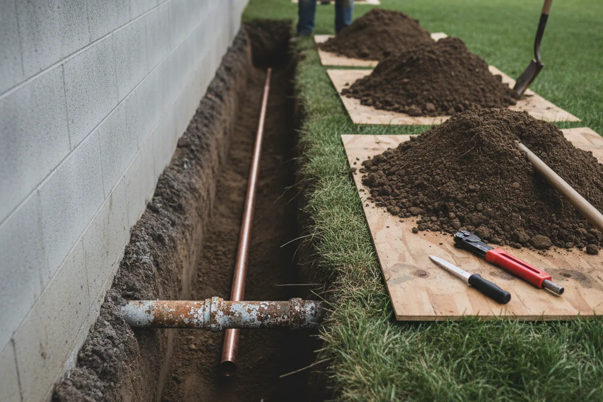 Excavated water line trench during Water Softener Installation in Custer City